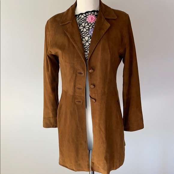 Italian sueded-leather fitted copper long blazer - Picture 2 of 7